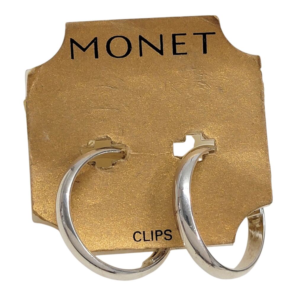 Monet Silver Tone Clip On Hoop Earrings New on Card Non-Pierced Vintage Style
